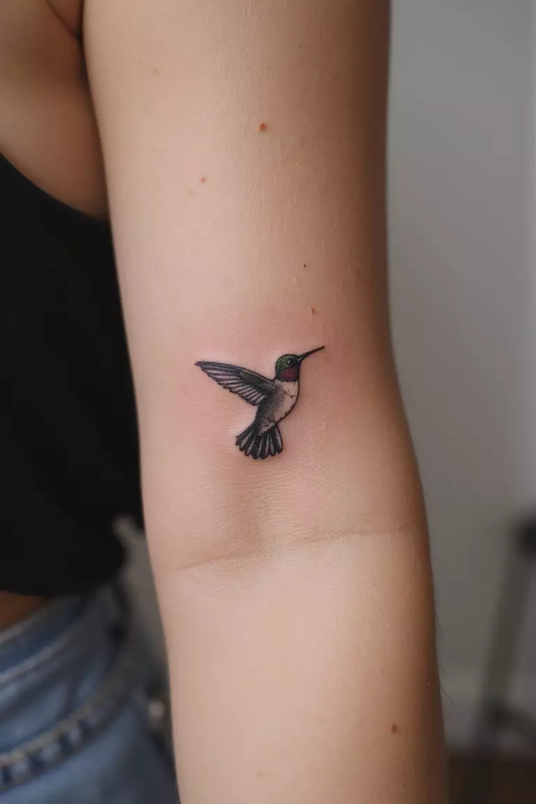 Hummingbird A close-up shot of a woman's arm with a black ink tattoo of a small hummingbird hovering.