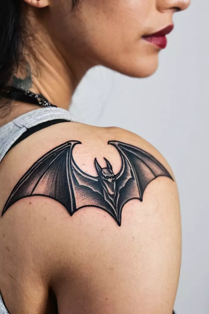 A close-up photo of a woman showing her linework bat tattoo on her shoulder, featuring clean and precise outlines.  