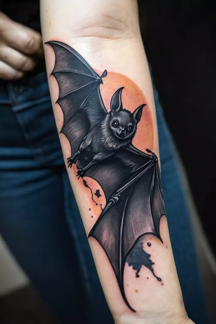 A close-up photo of a woman showing her spooky black and gray bat tattoo on her forearm.  