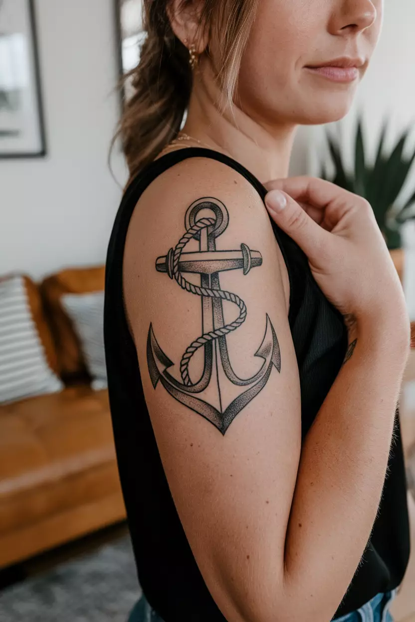 A close-up photo of a woman showing her stylized anchor tattoo entwined with rope, symbolizing stability and strength amidst life's turbulent waters, tattoo design, living room background