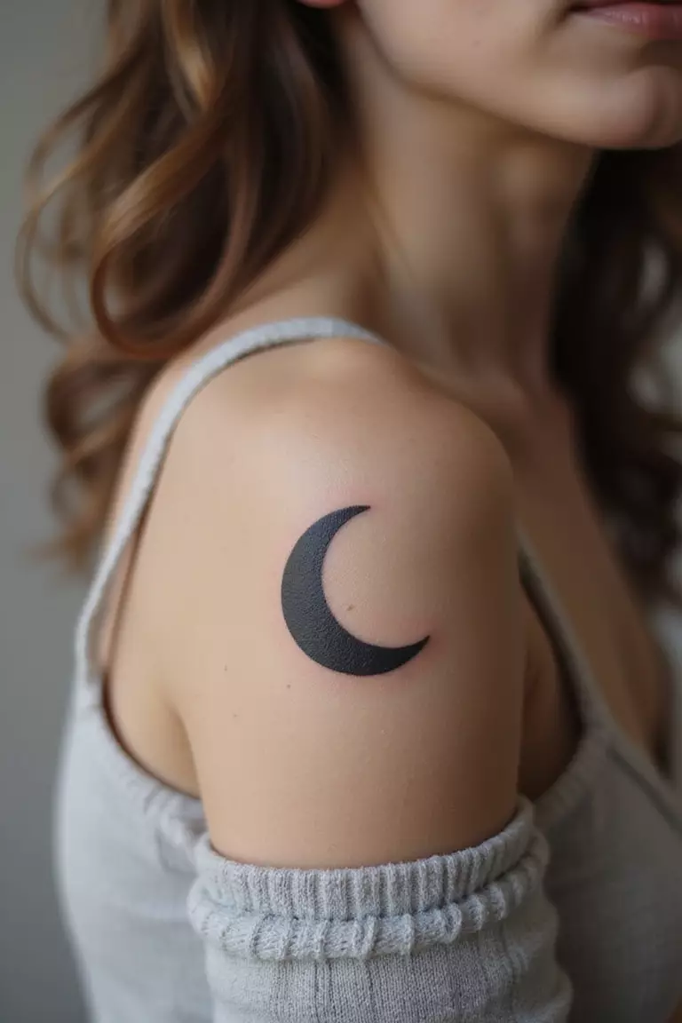 A close-up shot of a woman showing her black ink small crescent moon tattoo design on her arm