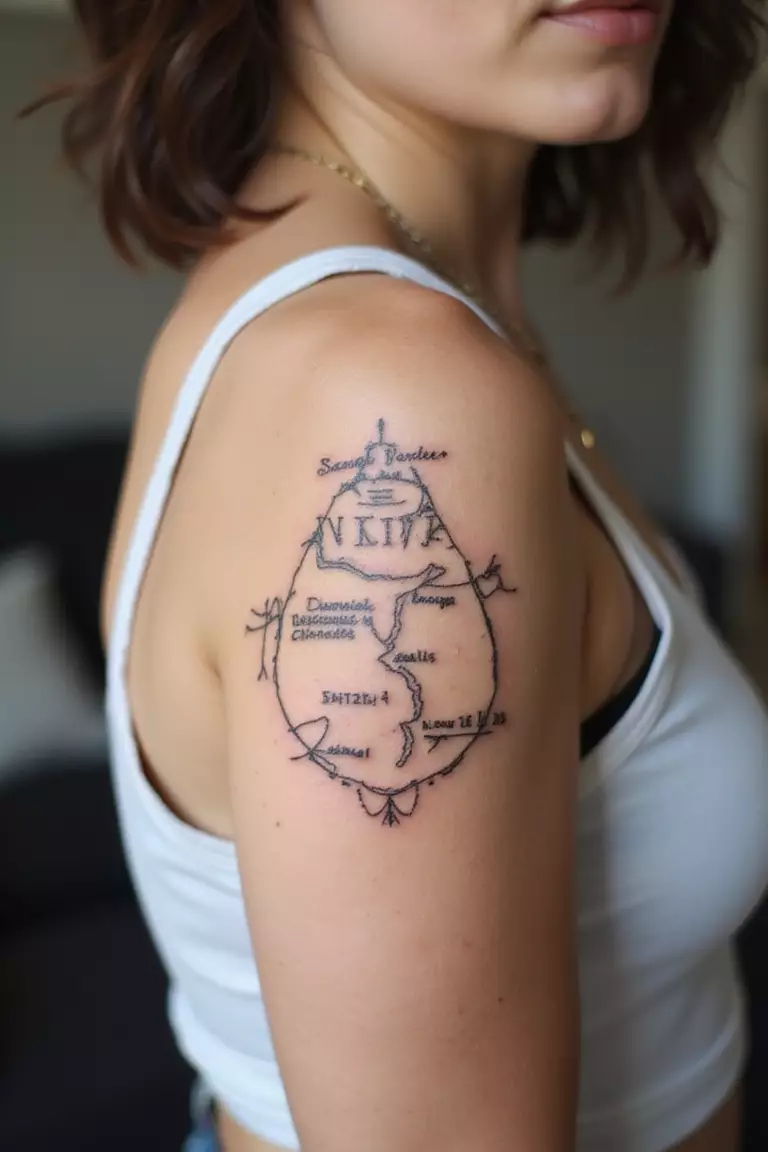 A close-up shot of a woman showing her black ink coordinates of a special place tattoo design on her arm
