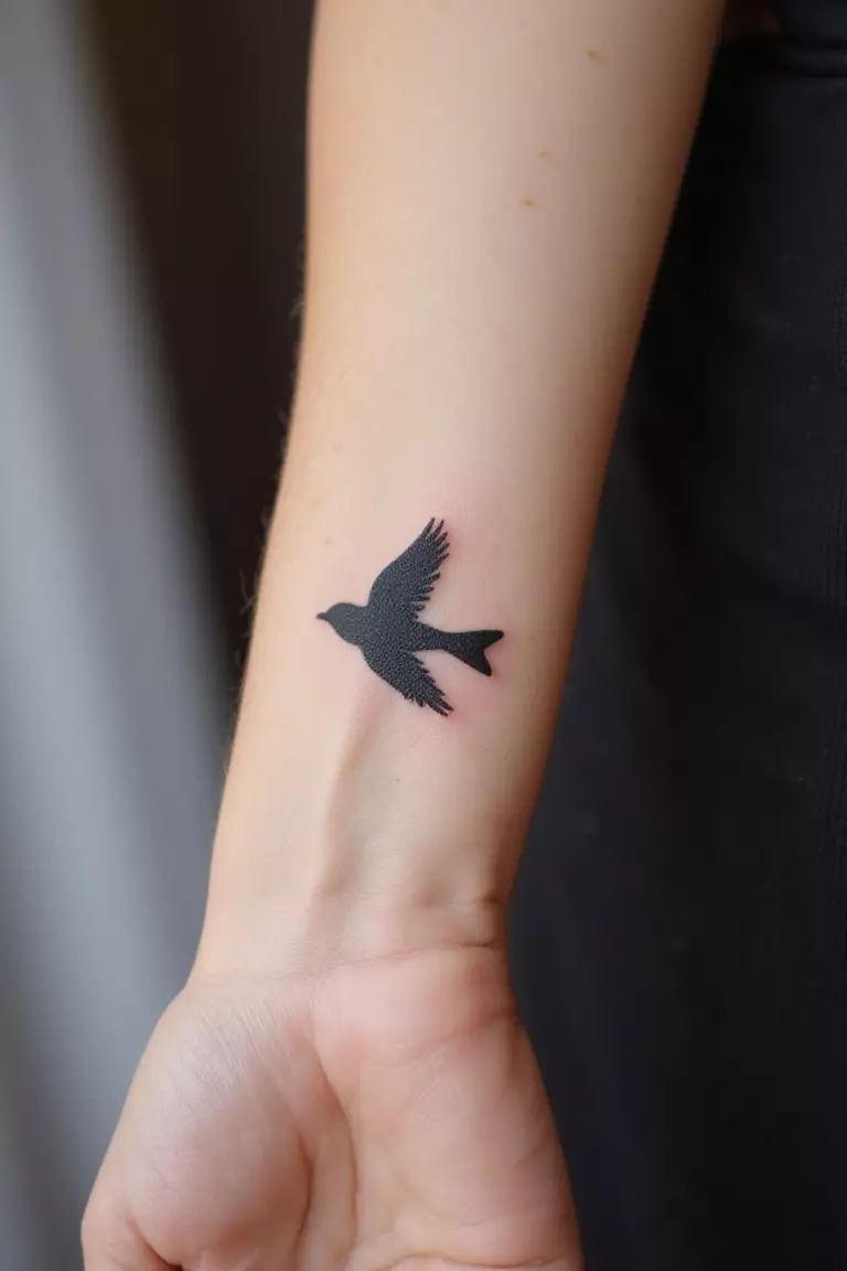 A close-up shot of a woman showing her black ink tiny flying bird silhouette tattoo design on her wrist