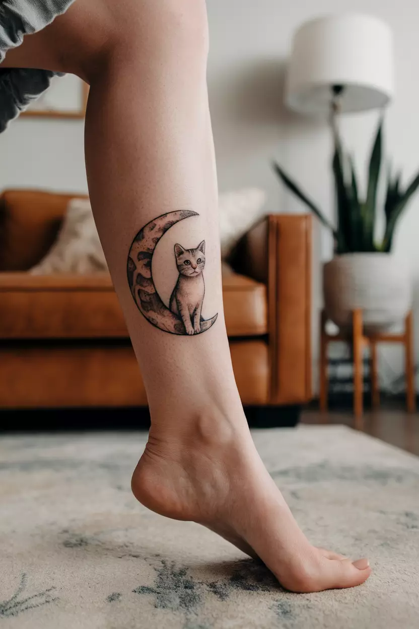 A close-up photo of a woman showing her ankle with a tattoo of a small cat standing on a crescent moon, tattoo design, living room background