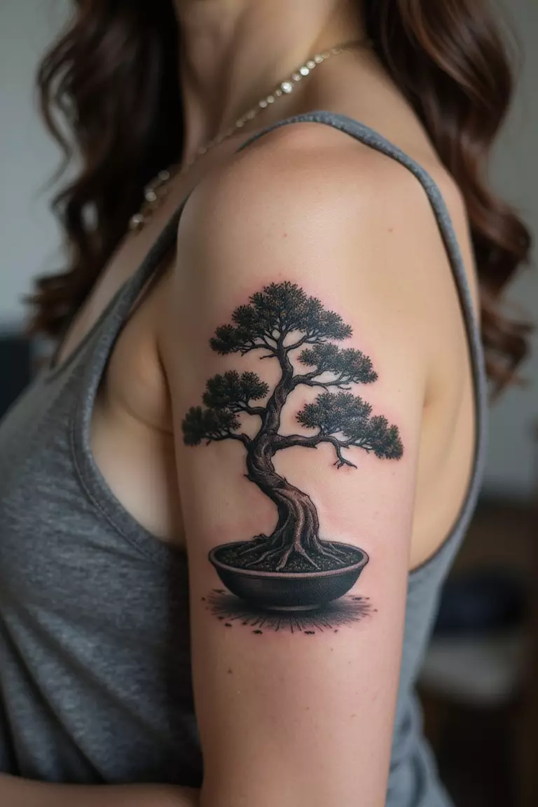A close-up shot of a woman showing her black ink bonsai tree appearing to grow out from her skin tattoo design on her arm