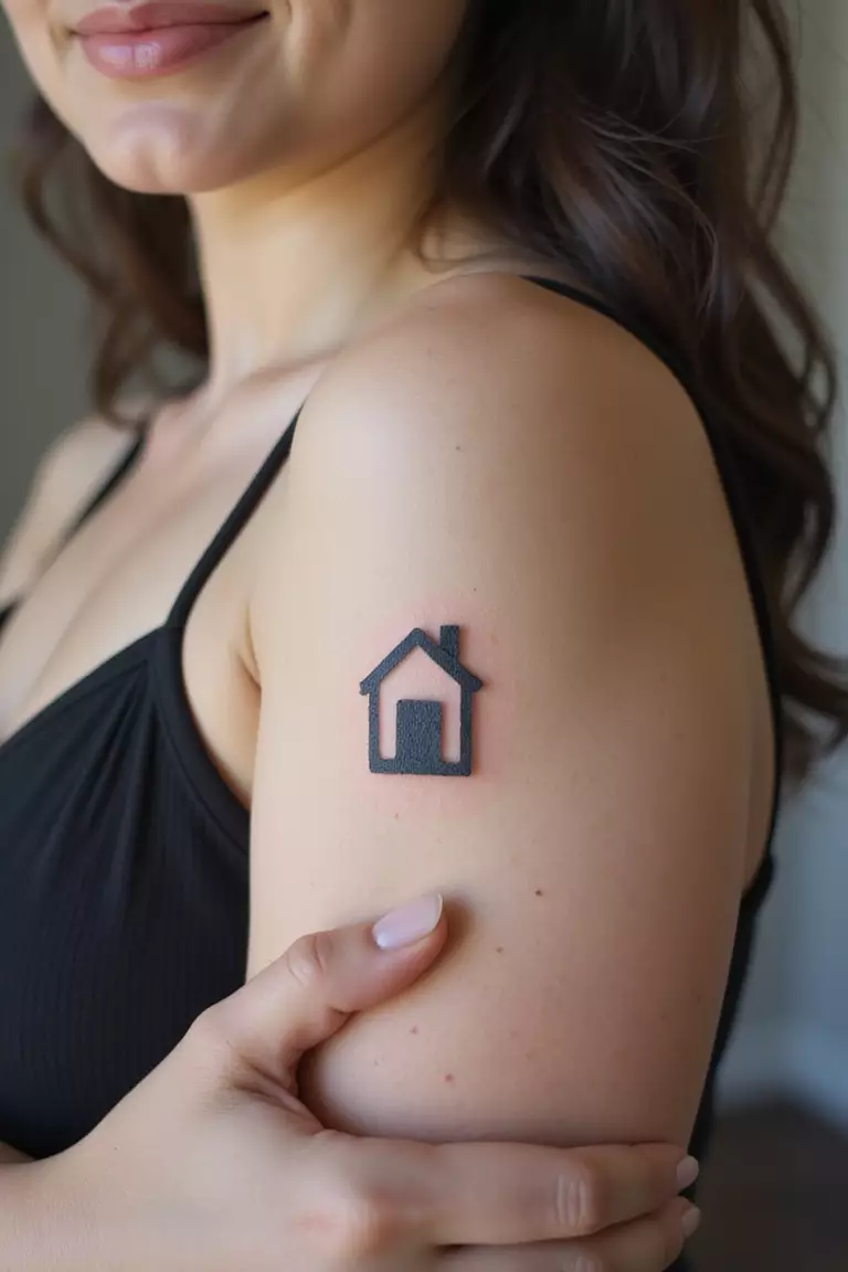 A close-up shot of a woman showing her black ink tiny minimalist house tattoo on her arm.