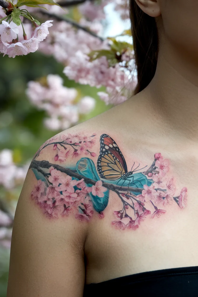 Butterfly Among Cherry Blossoms