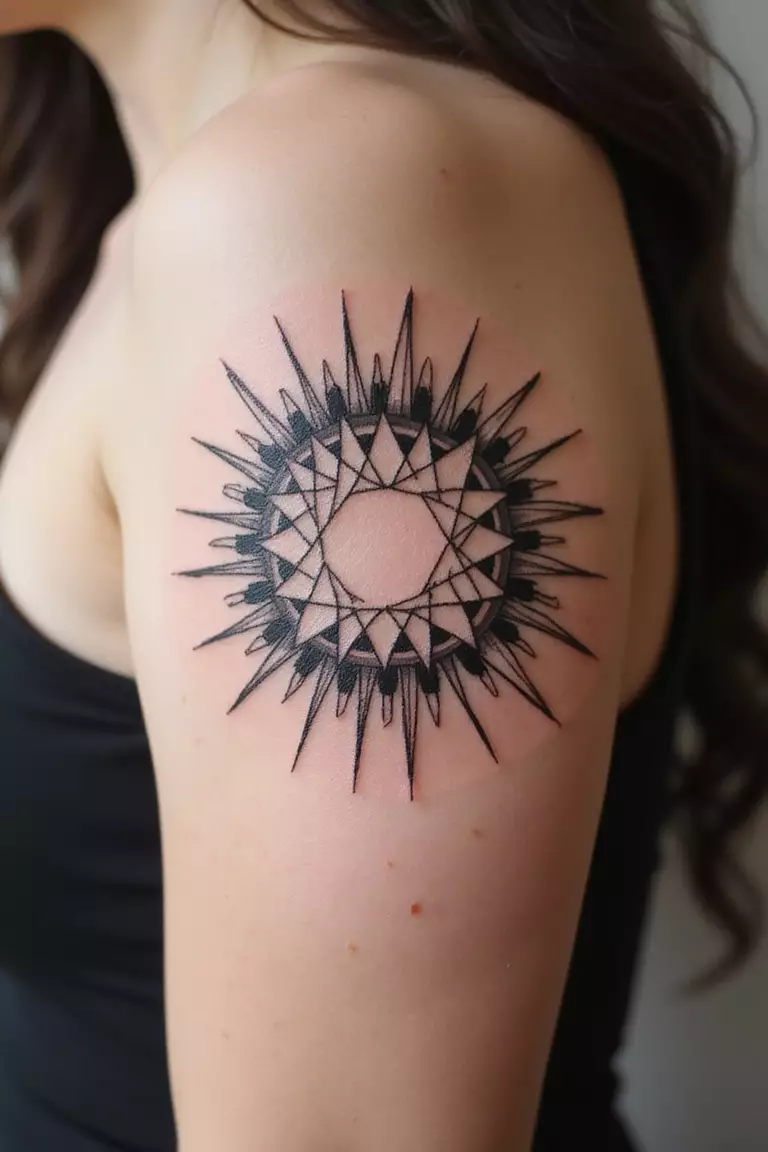 A close-up shot of a woman showing her black ink geometric sun made of triangles and straight lines tattoo design on her arm