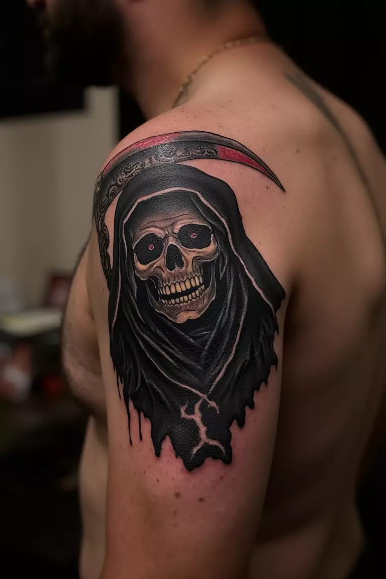 A close up shot of man's shoulder with a black ink grim reaper with glowing red eyes tattoo  