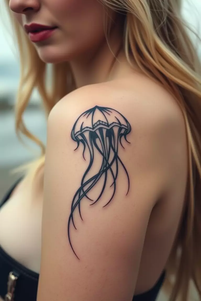 A close-up photo of a woman showing her tribal jellyfish tattoo design.  