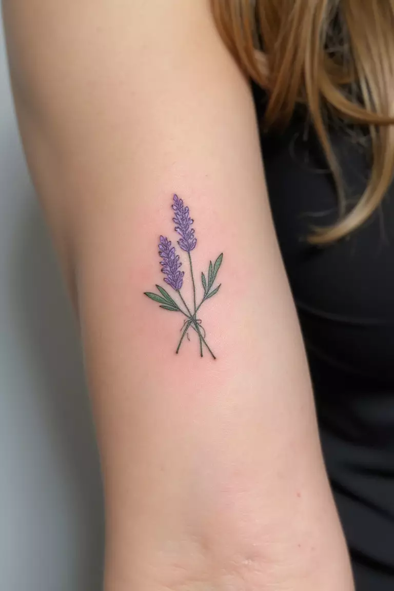 A close up shot of woman's arm with a small lavender bunch tattoo  