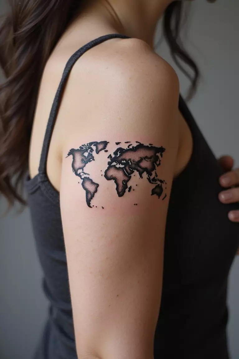 A close-up shot of a woman showing her black ink world map outline tattoo design on her arm