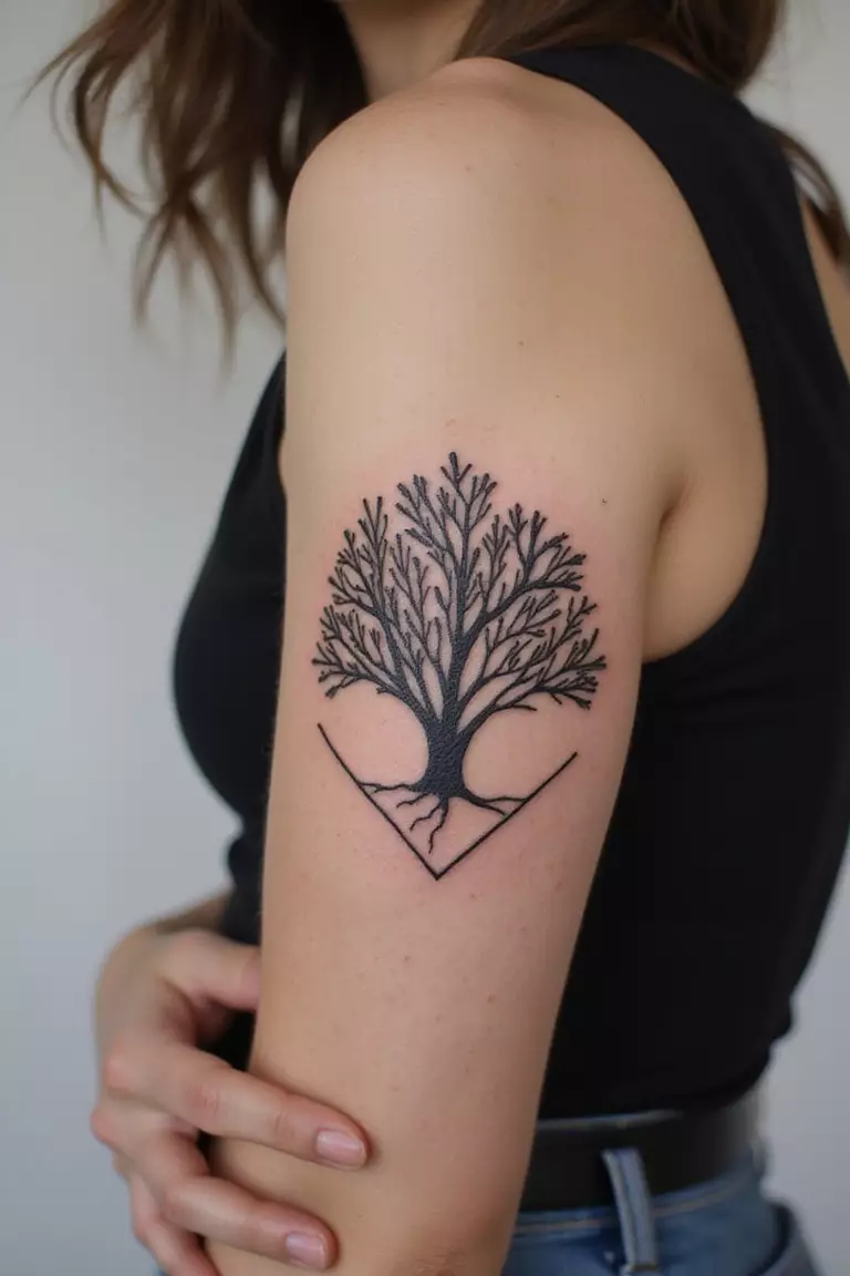 A close-up shot of a woman showing her black ink geometric coral pattern tattoo design on her arm