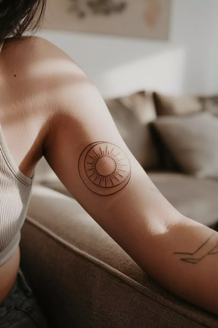 A close-up photo of a woman showing her arm with a simple linework tattoo of a crescent moon fully encircling and embracing the sun, tattoo design, living room background