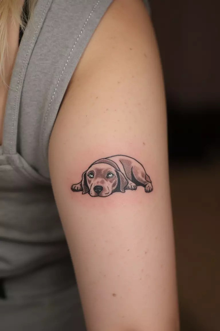 A close up shot of a woman showing her black ink simple dog lying down peacefully tattoo on her arm  
