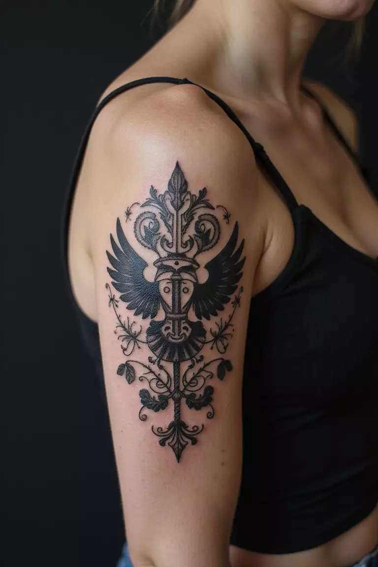 Russian Prison Tattoo Style Elements A close-up shot of a woman showing her black ink Russian Prison Tattoo Style Elements tattoo design on her arm