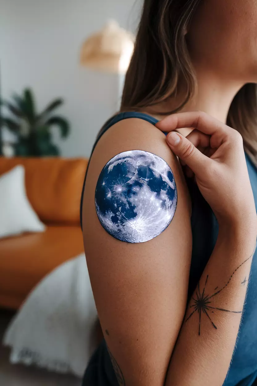 A close-up photo of a woman showing her realistic 3D moon tattoo, tattoo design, living room background