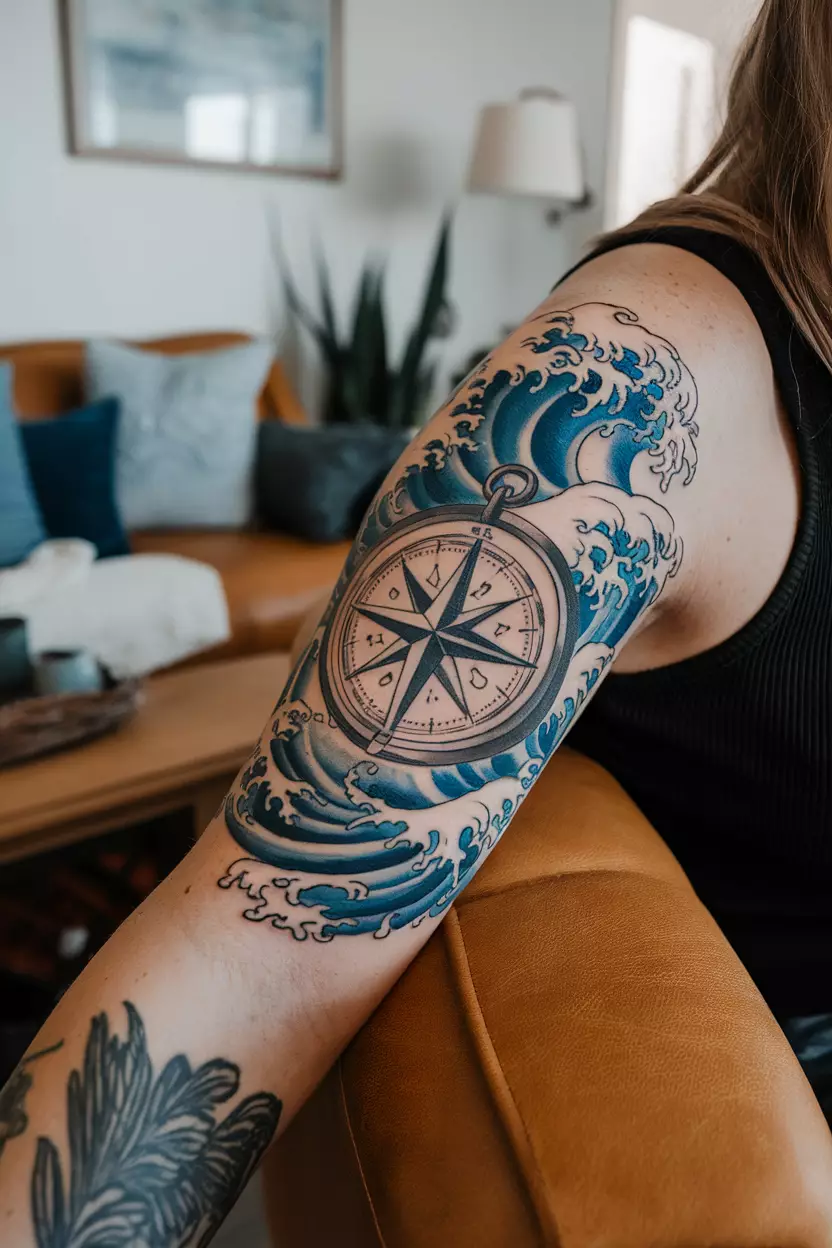 A close-up photo of a woman showing her nautical compass tattoo surrounded by swirling waves, symbolizing guidance and adventure on the open sea, tattoo design, living room background