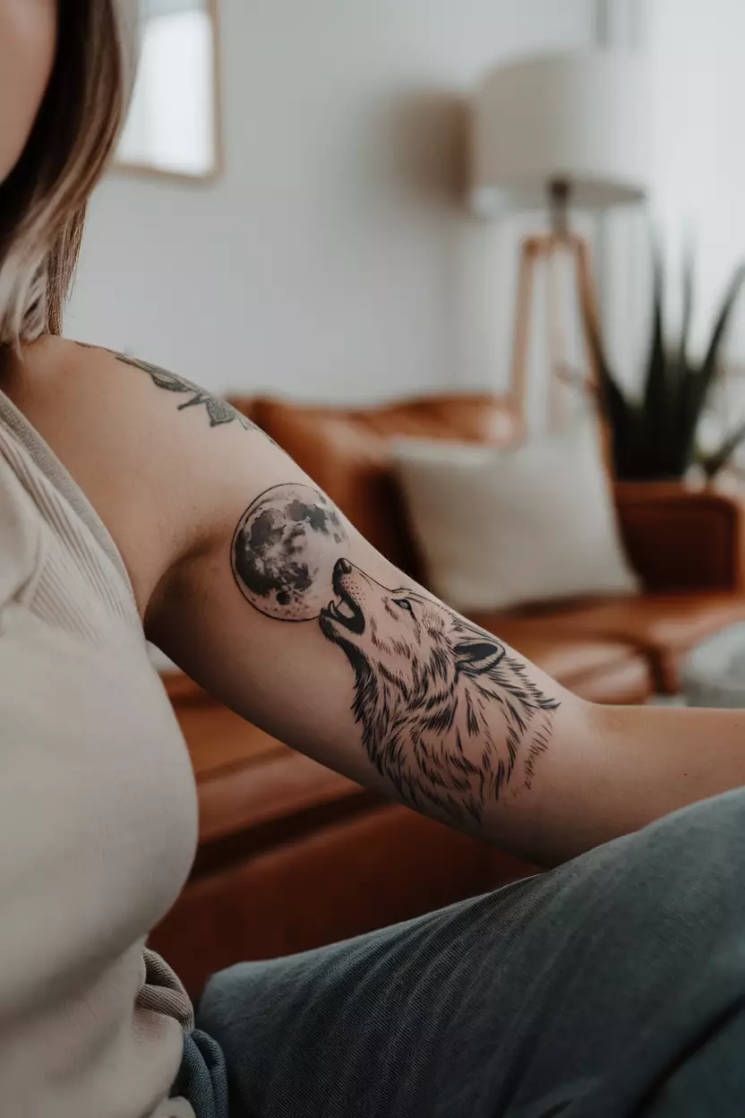 A close-up photo of a woman showing her tattoo of a wolf howling at the moon, tattoo design, living room background