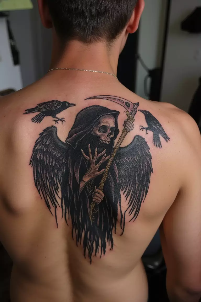 A close up shot of man's shoulder with a black ink grim reaper surrounded by ravens or crows tattoo  