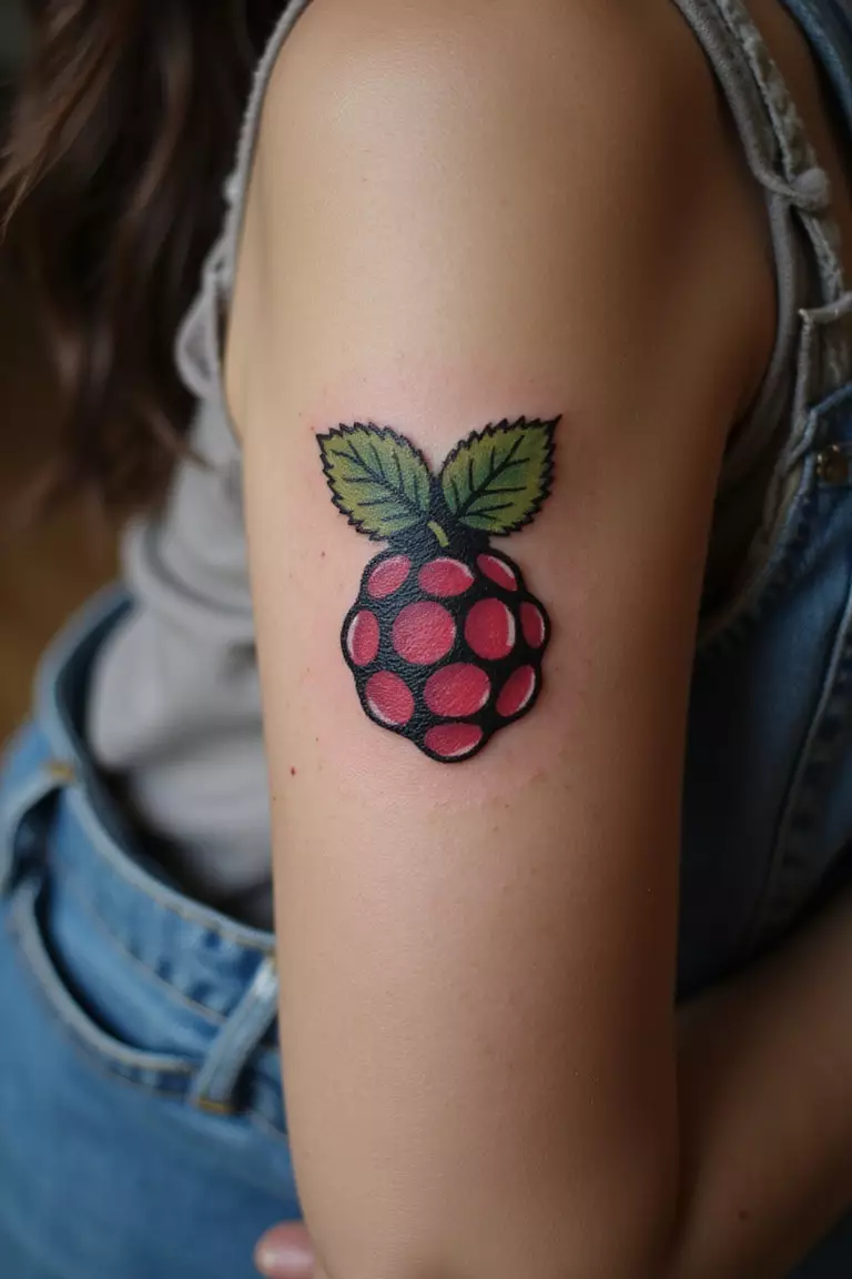 A close-up shot of a woman showing her black ink sweet raspberry tattoo on her arm