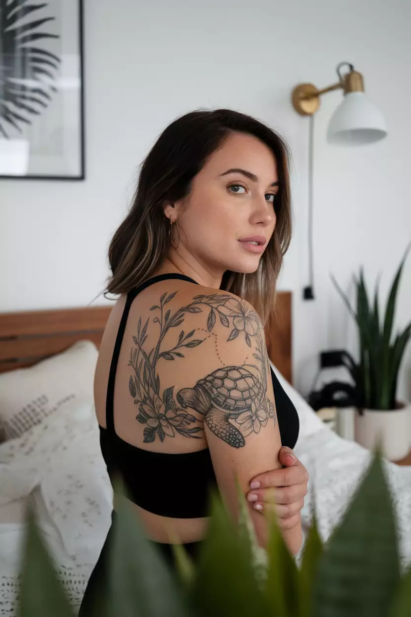A close-up photo of a woman showing her nature scene tattoo featuring a turtle among trees and flowers, symbolizing harmony between land and sea, bedroom background.