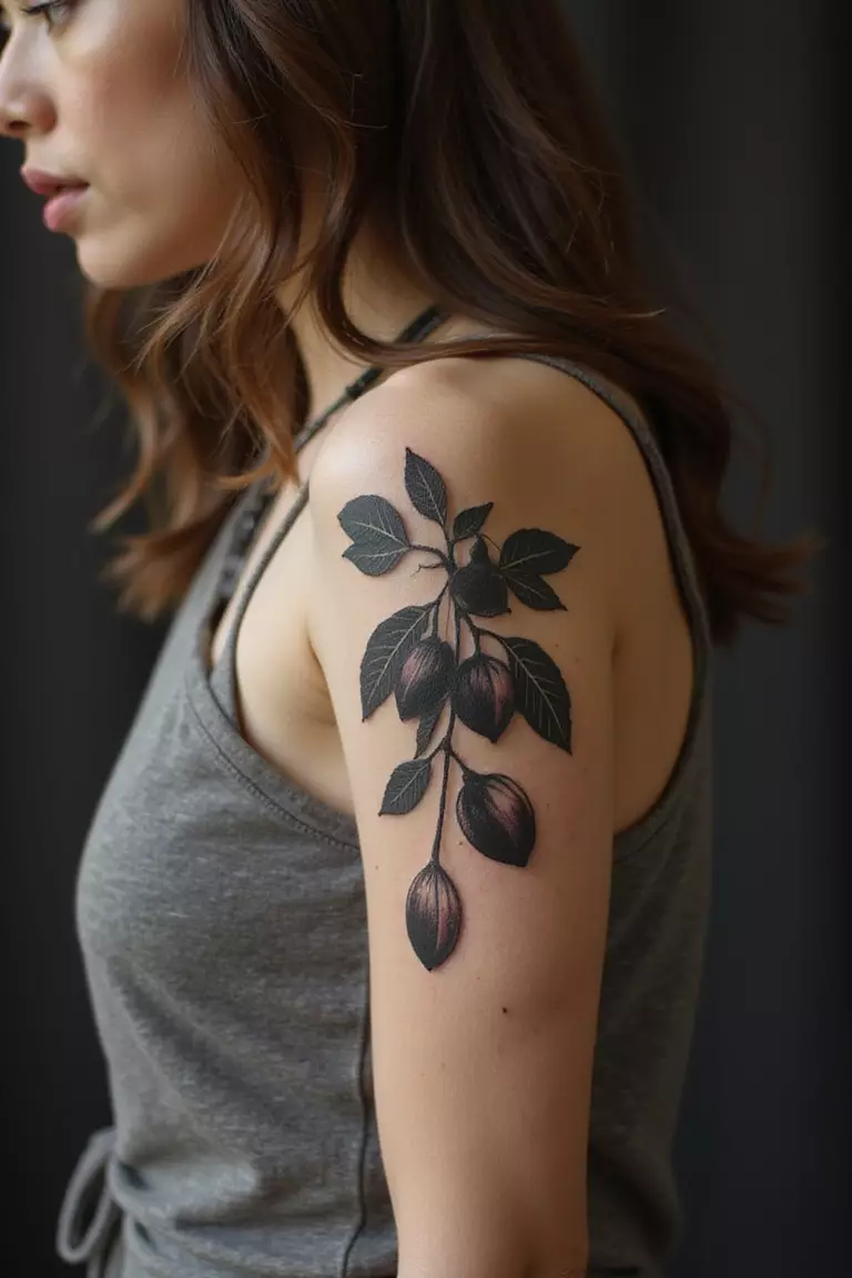 A close-up shot of a woman showing her black ink mysterious fig tattoo on her arm