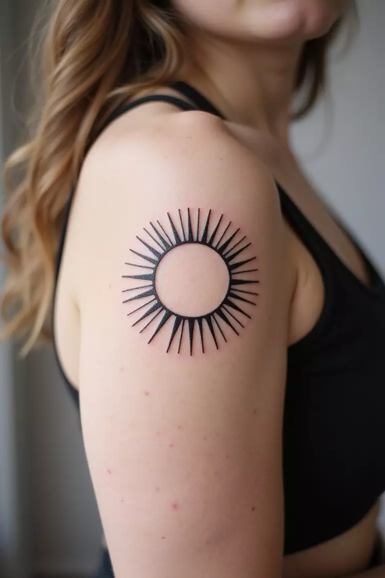 A close-up shot of a woman showing her black ink minimalist sun outline with rays tattoo design on her arm