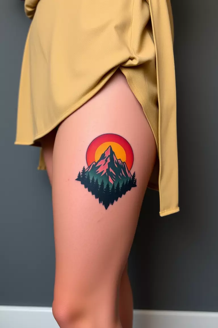A photo of a dressed woman with a mountain tattoo on her thigh, featuring a bold and vibrant design representing nature.  