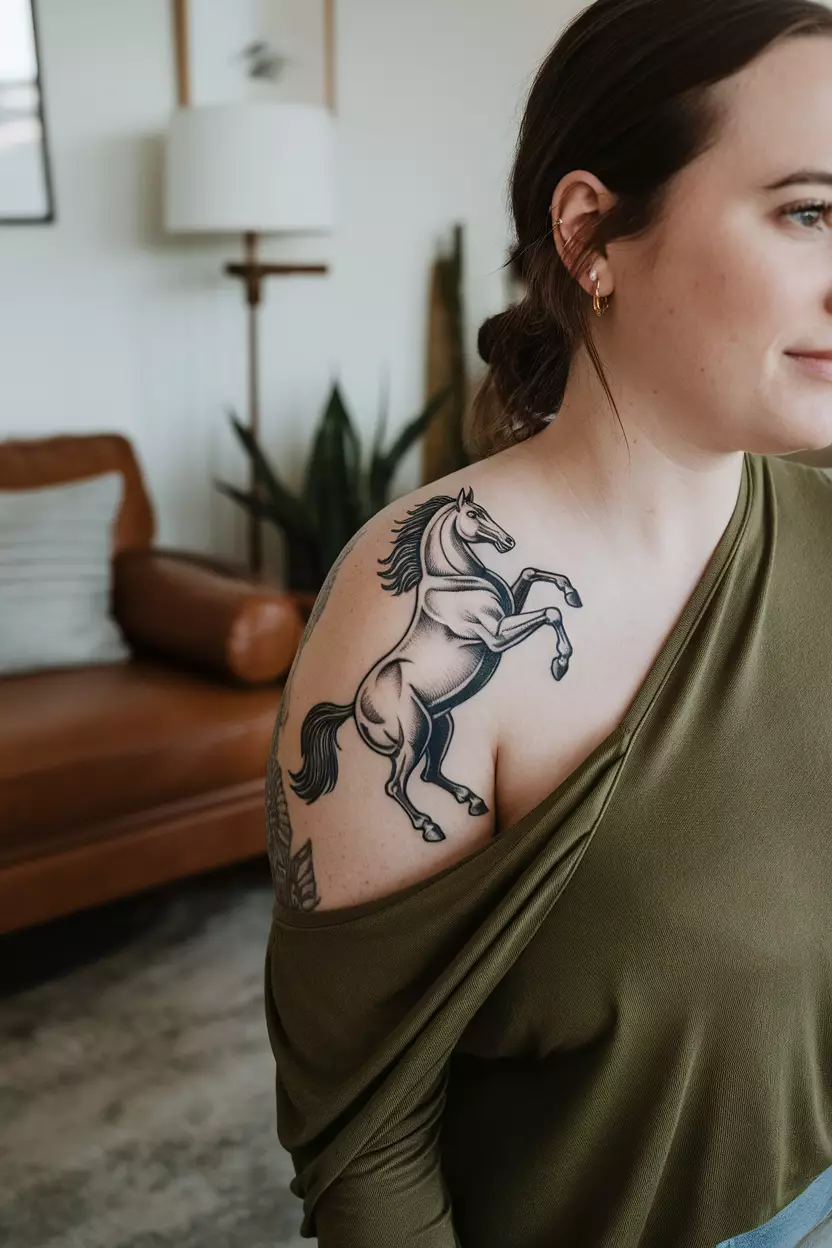 A photo of a woman with a masculine blackwork rearing horse tattoo, living room background.