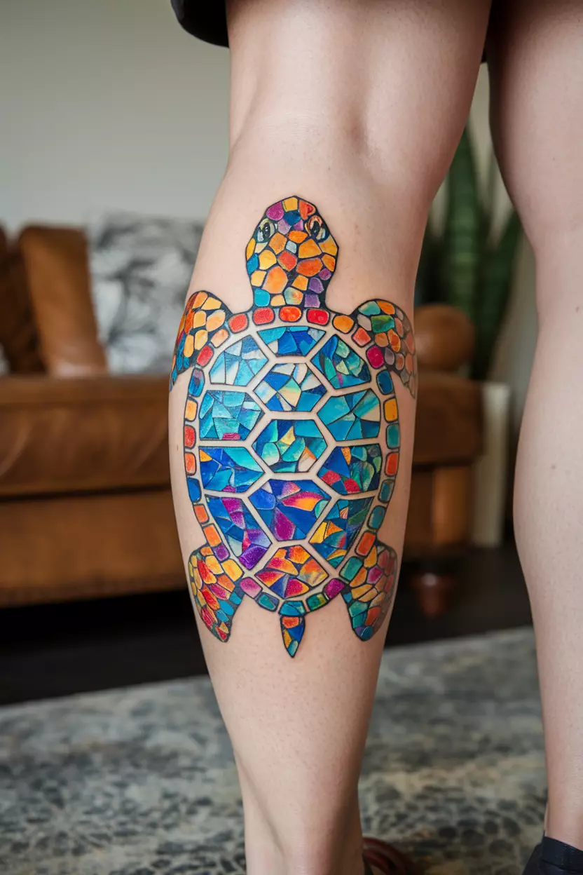 A close-up photo of a woman showing her colorful mosaic turtle tattoo on her leg, showcasing vibrant tiles that create an eye-catching patchwork effect, living room background.