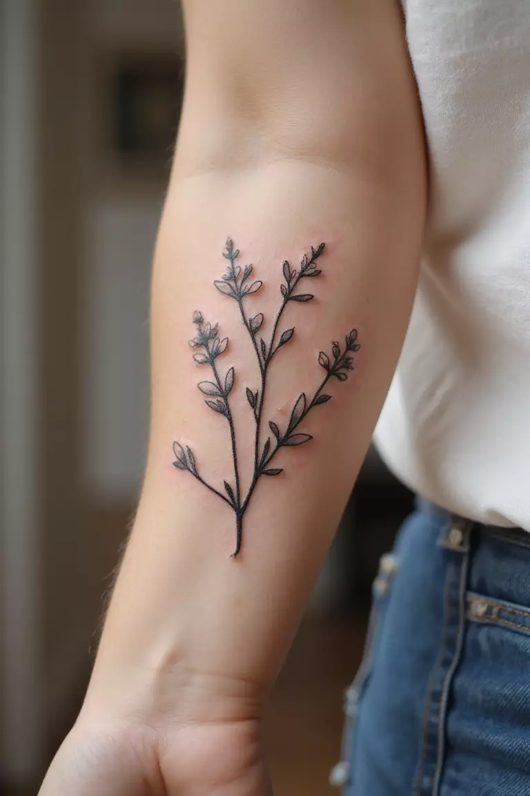 A close-up shot of a woman showing her black ink delicate stem with small wildflowers tattoo design on her arm