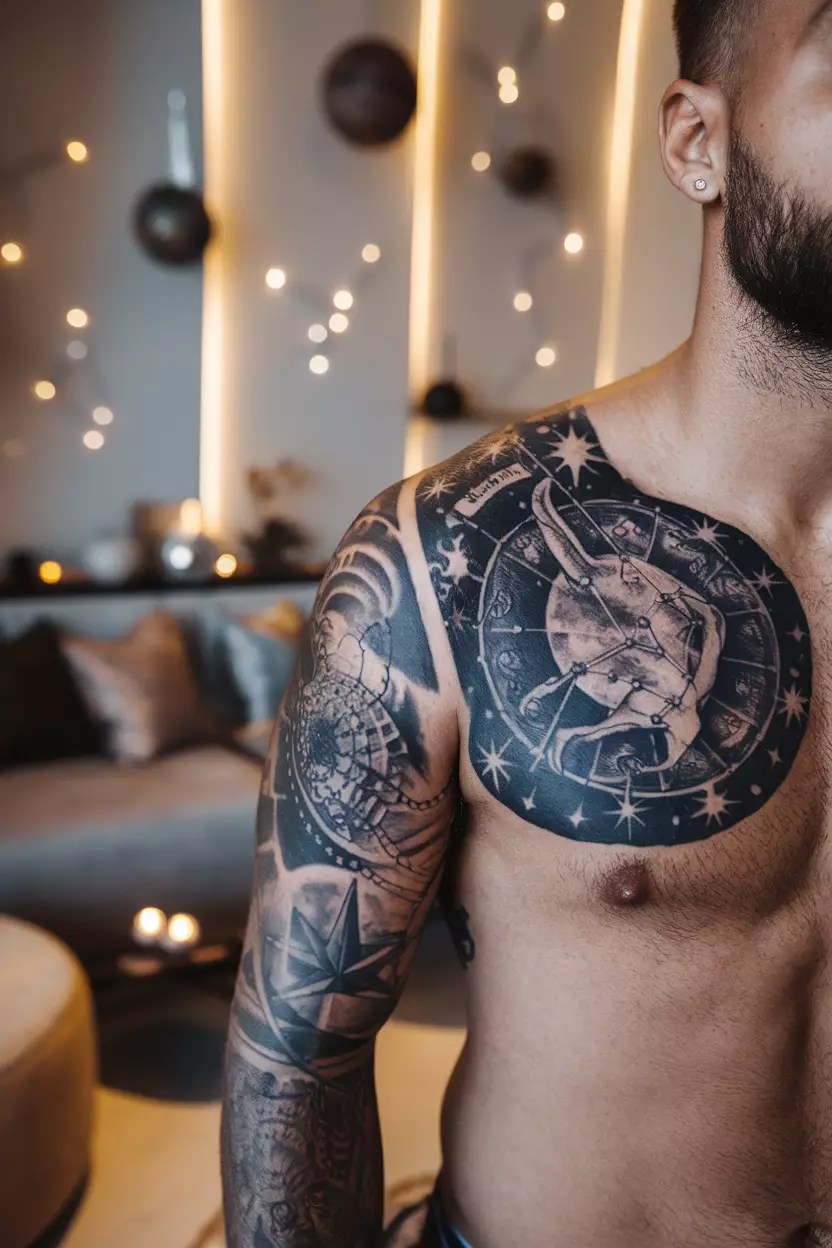A close-up photo of a man showing his expansive chest tattoo featuring the Taurus constellation intertwined with celestial elements, captured in a stylish living room adorned with soft textiles and ambient lighting that echoes the cosmic theme.