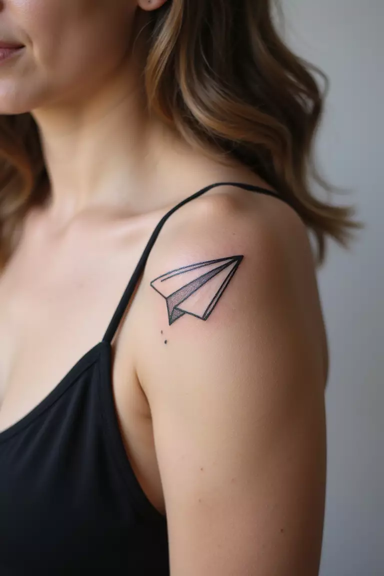A close-up shot of a woman showing her black ink paper airplane outline tattoo design on her arm