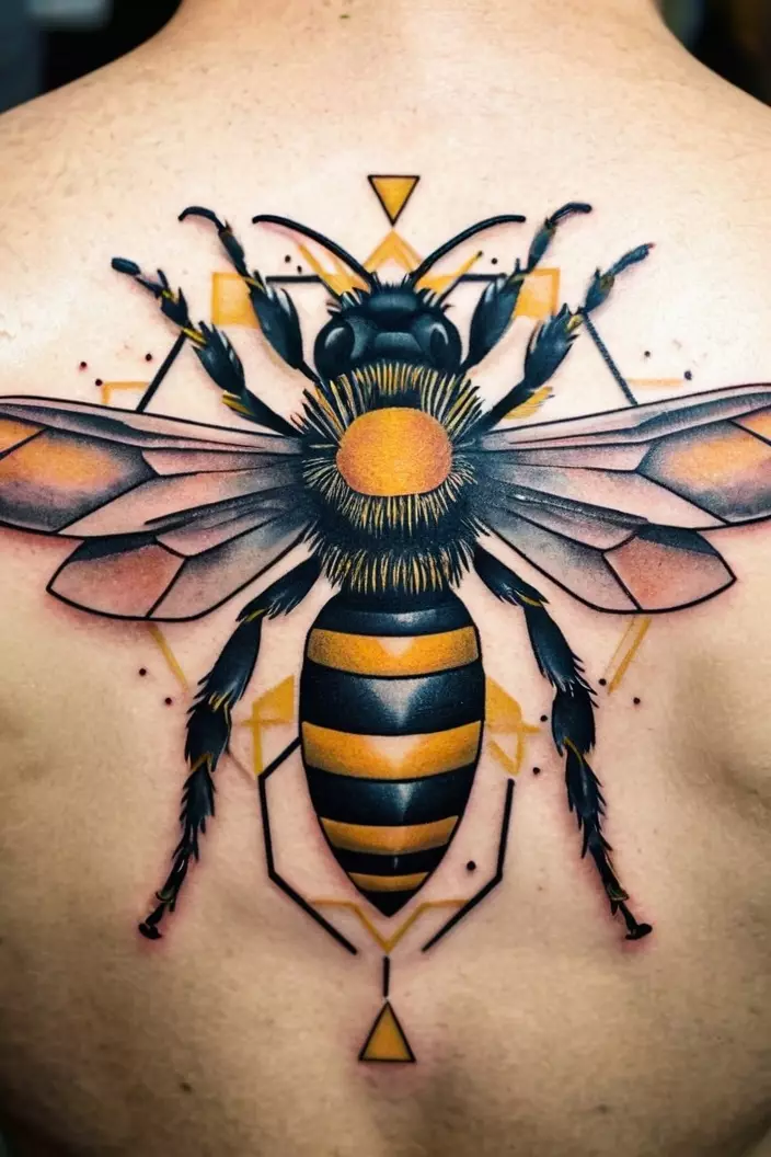 A close-up photo of a man showing his geometric bee tattoo, depicting a stylized bee with bold geometric elements and pleasing symmetry.  