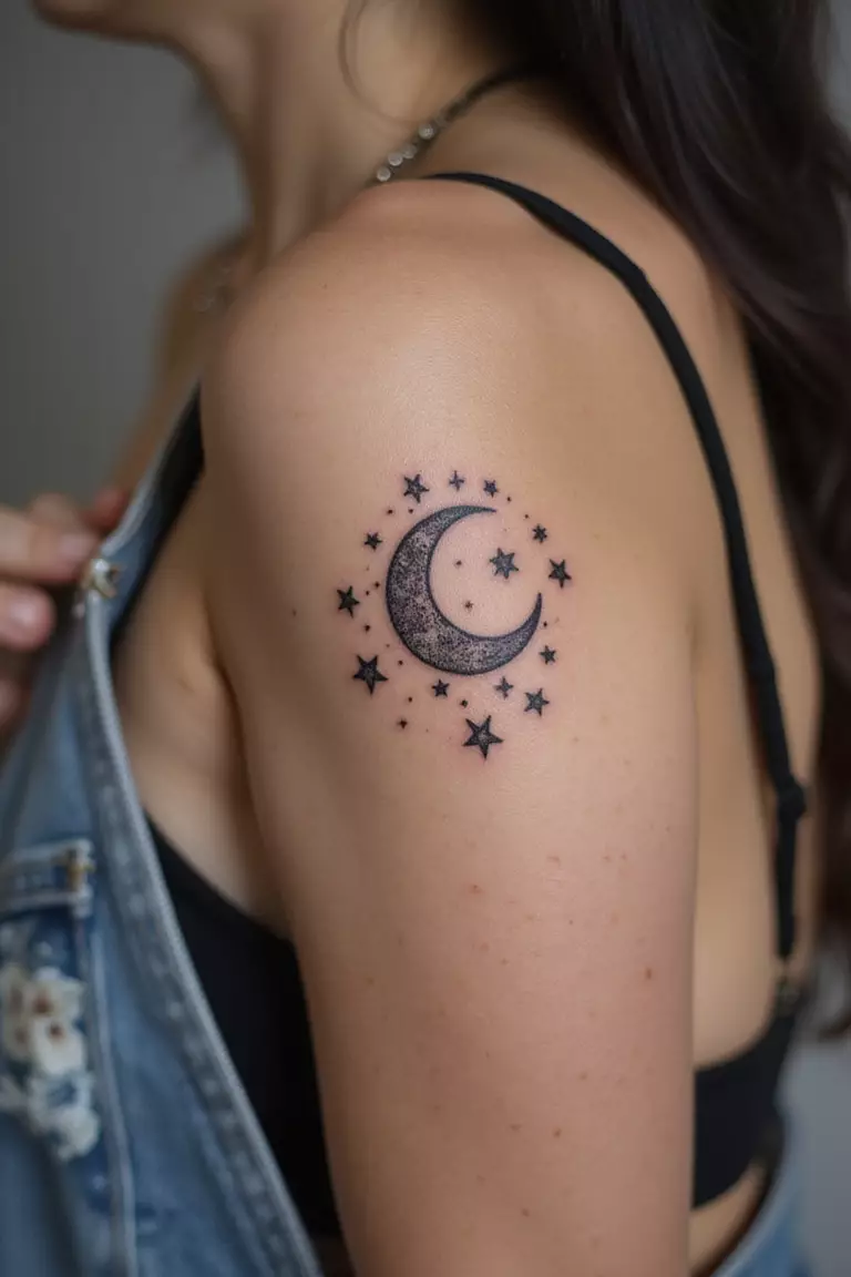 A close-up shot of a woman showing her black ink celestial moon and stars tattoo on her arm