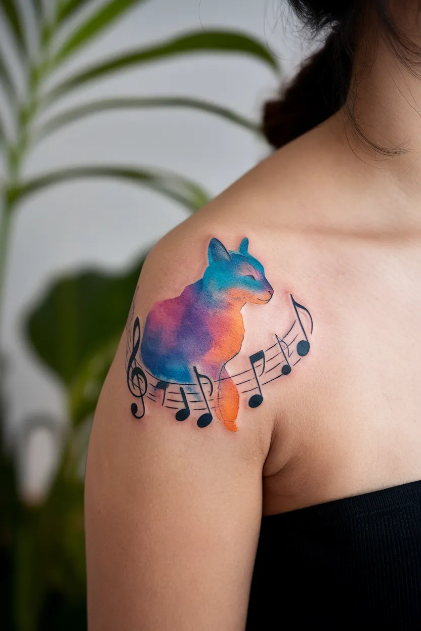 A Watercolor Tattoo for Music-Loving Cat Owners
