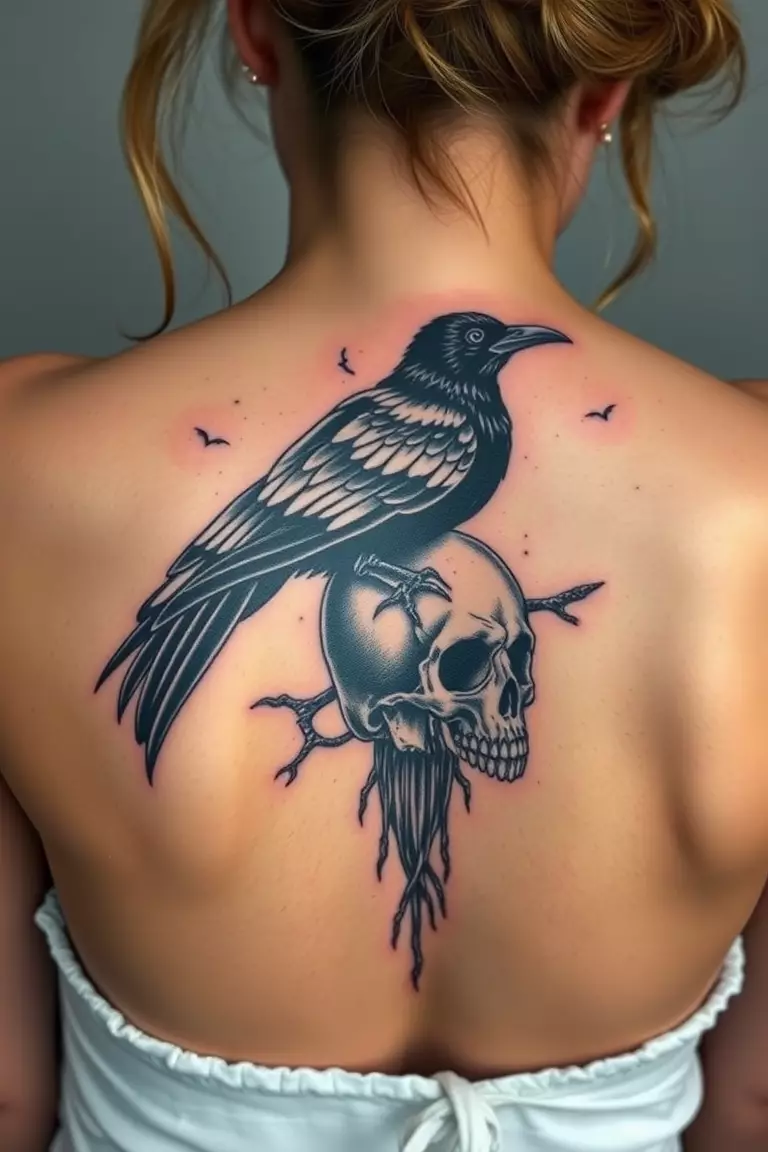 A photo of a woman with a striking crow tattoo on a skull tattoo on her back, merging themes of life and passing away in the artwork.  