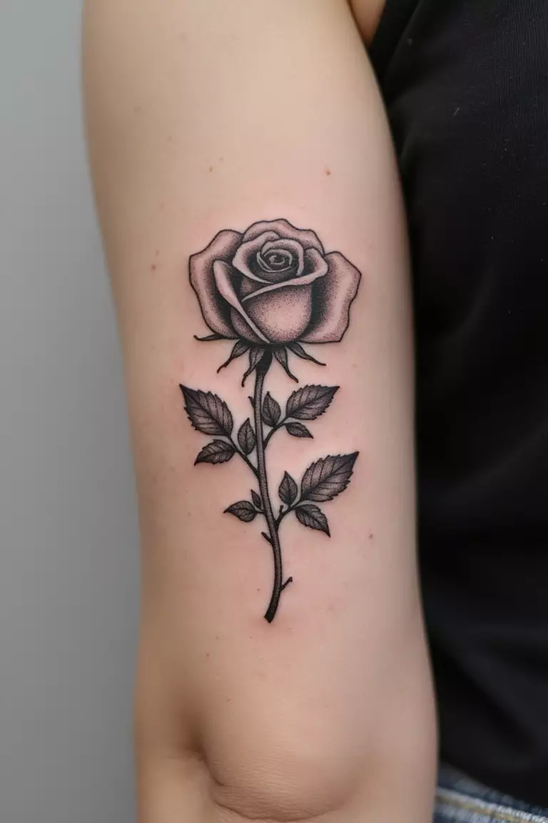 A close-up shot of a woman's arm with a black ink tattoo of a detailed single rose with stem and leaves.