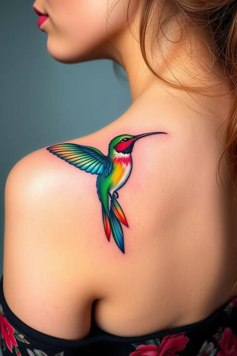 Colorful Hummingbird Tattoo Design on Shoulder A photo of a woman with a colorful hummingbird tattoo design on her shoulder, with bright hues of blue, green, and red