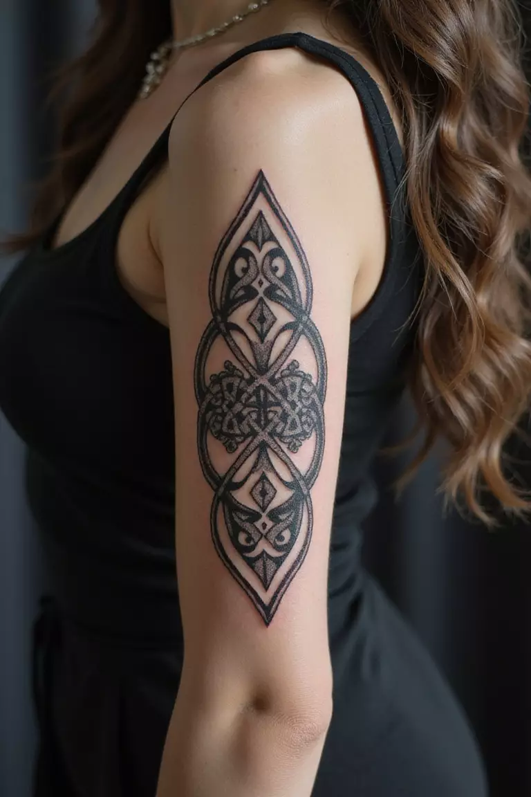 A close-up shot of a woman showing her black ink Celtic knot tattoo design featuring interwoven lines with no beginning or end on her arm