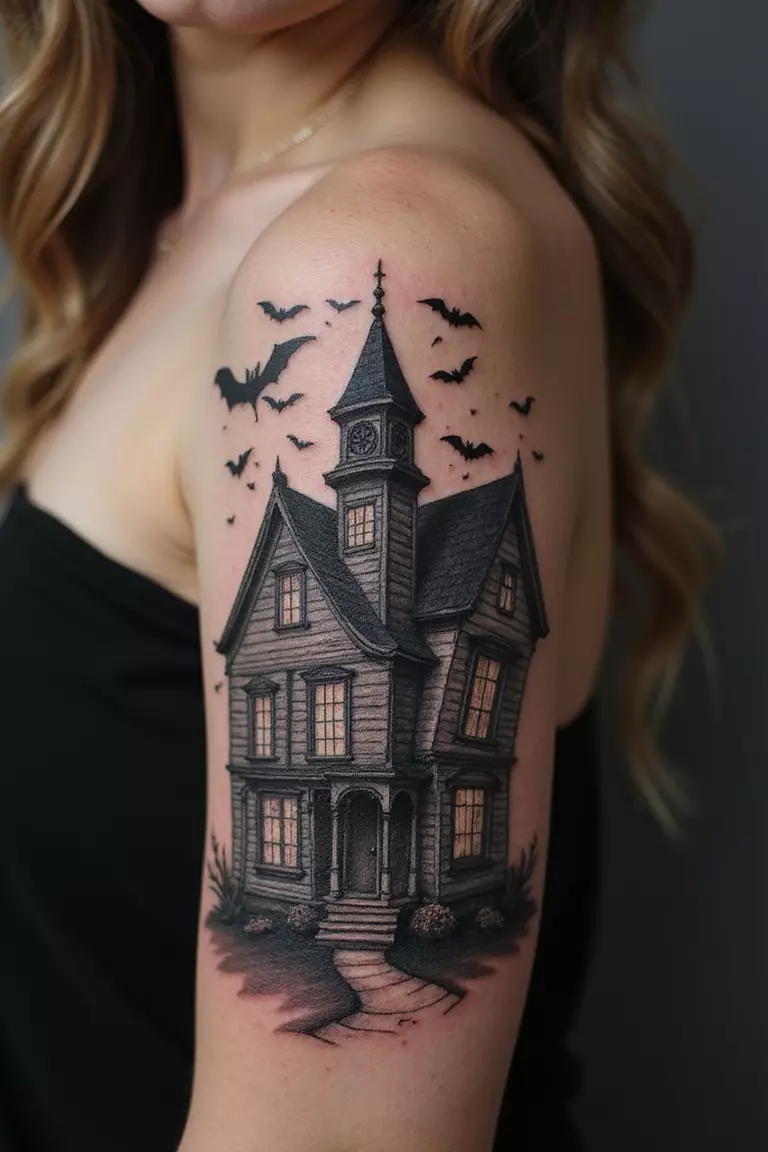 A close-up shot of a woman showing her black ink spooky haunted house tattoo on her arm.