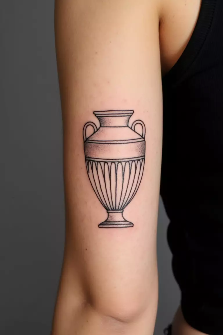 A close up shot of woman's arm with a black ink tattoo depicting a minimalist ancient Greek vase with clean lines and cultural significance.