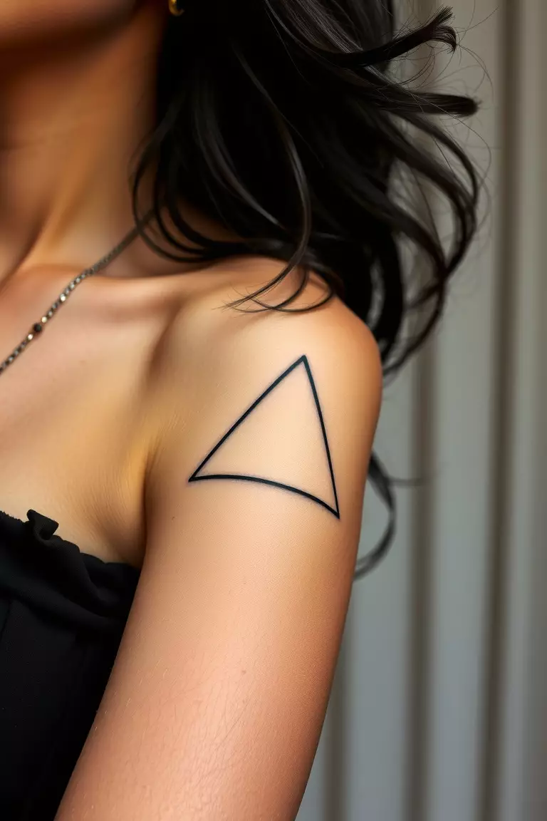A close-up shot of a woman showing her black ink geometric triangle outline tattoo design on her arm