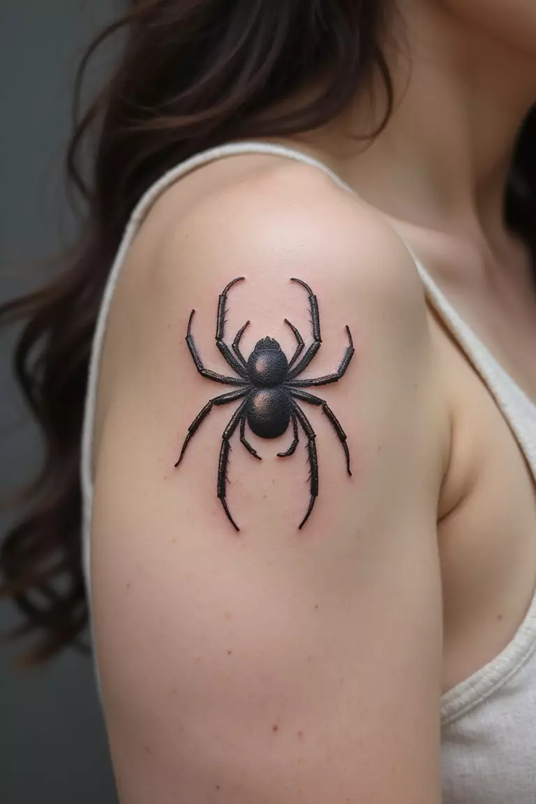 A close-up shot of a woman showing her black ink simple, minimalist outline tarantula tattoo design on her arm