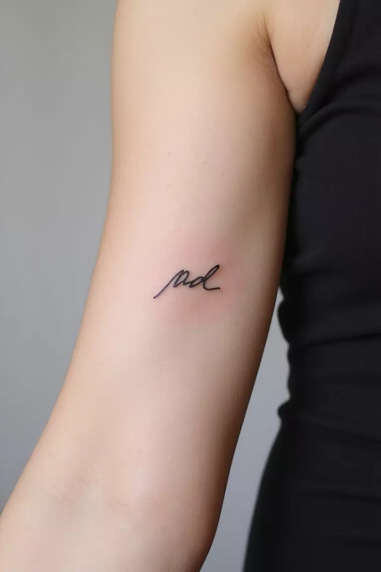 Wave A close-up shot of a woman's arm with a black ink tattoo of a single, fine-line minimalist wave.