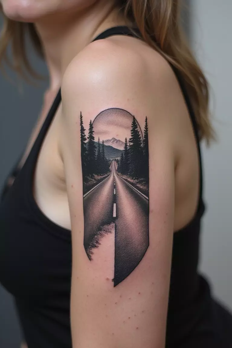 A close-up shot of a woman showing her black ink road leading to horizon tattoo design on her arm