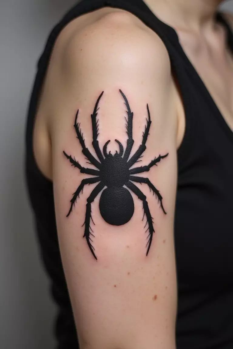 A close-up shot of a woman showing her black ink solid black tarantula silhouette tattoo design on her arm