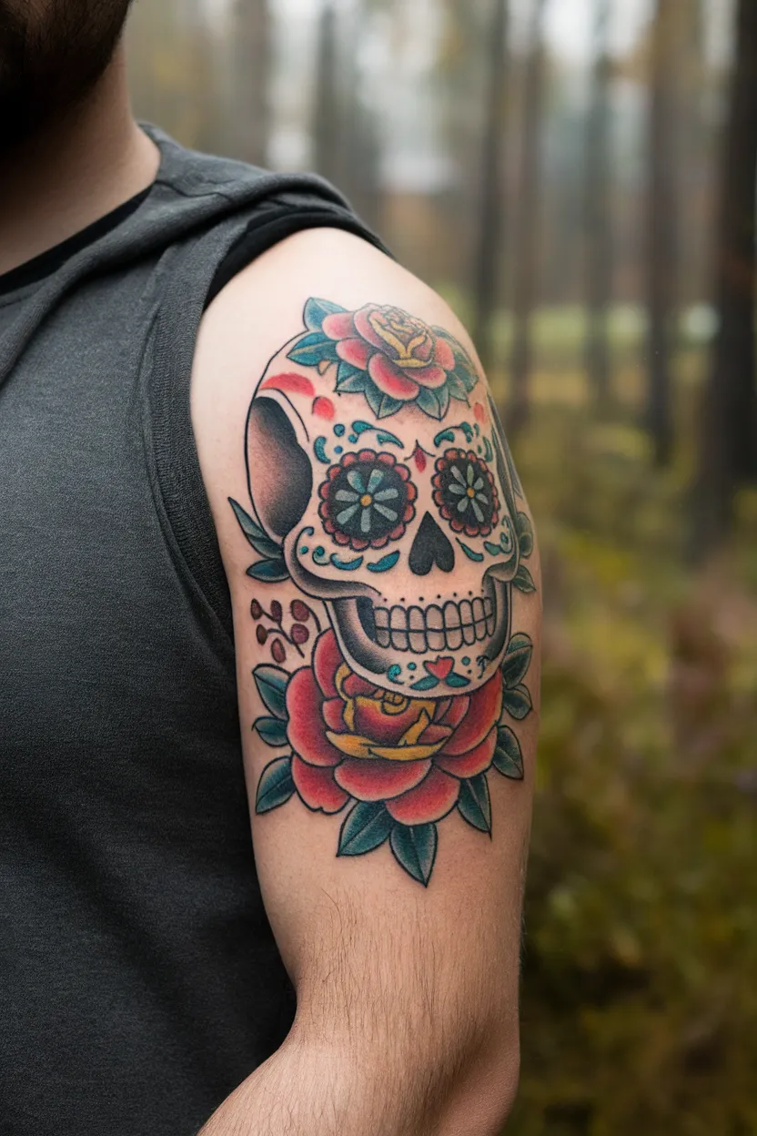 Day of the Lifeless Skull & Flower Rib Tattoo