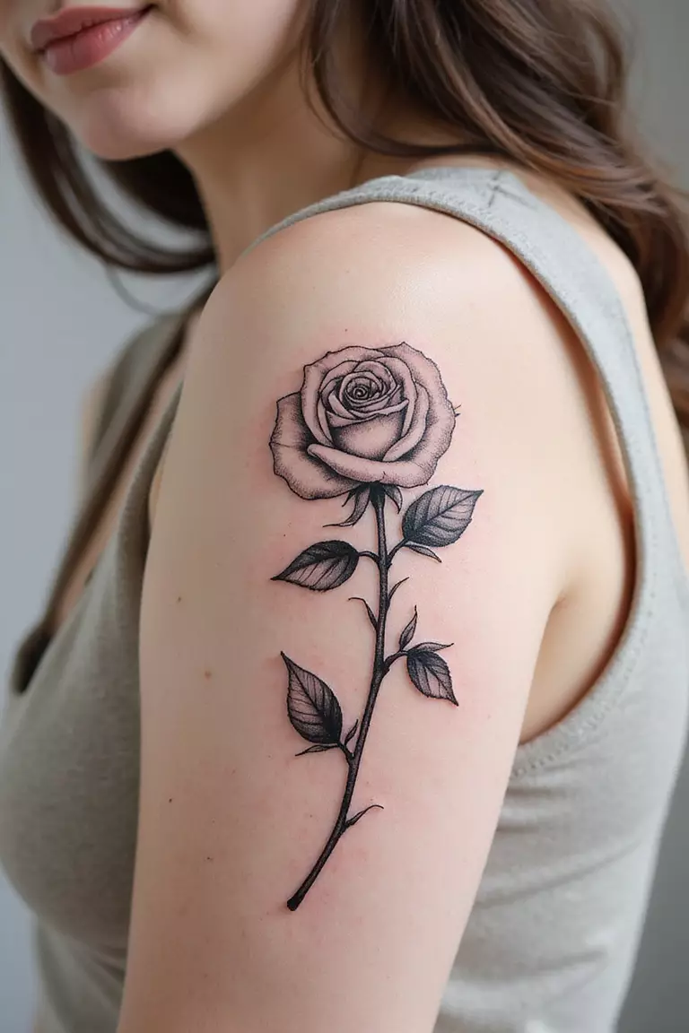 A close-up shot of a woman showing her black ink outline rose with subtle watercolor splashes behind it on her arm.